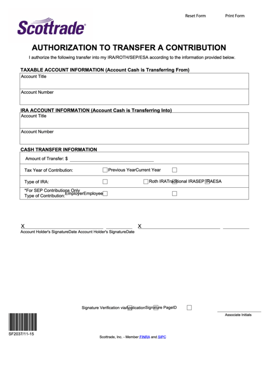 Fillable Authorization To Transfer A Contribution Form Printable pdf