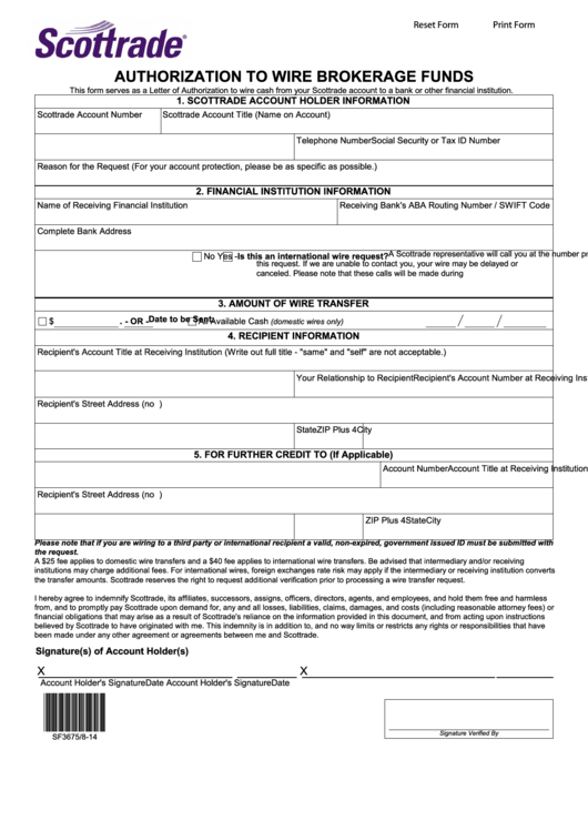Fillable Authorization To Wire Brokerage Funds Form Printable pdf