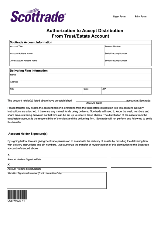 Fillable Authorization To Accept Distribution From Trust/estate Account Form Printable pdf