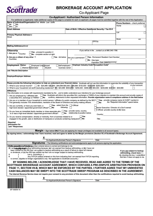 Fillable Co-Applicant Page For Brokerage Account Application Form Printable pdf
