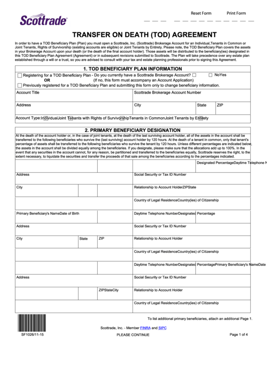 Fillable Transfer On Death Agreement Form Printable pdf