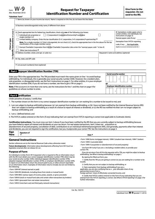 Form W-9 - Request For Taxpayer Identification Number And Certification - 2015