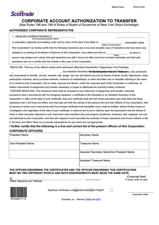 Fillable Corporate Account Authorization To Transfer Form Printable pdf