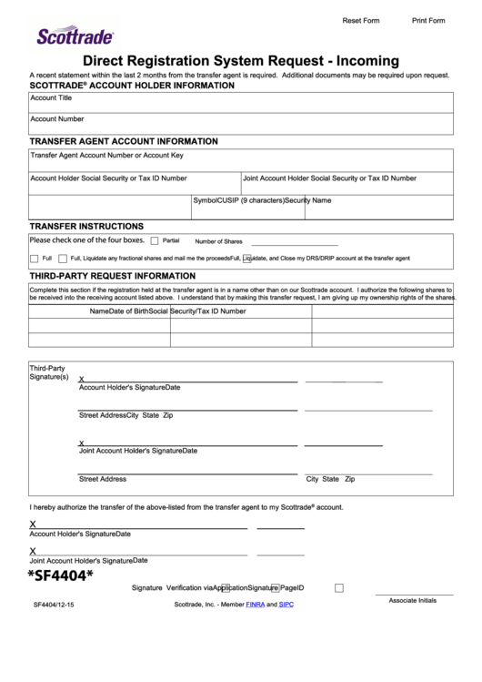 Fillable Direct Registration System Request - Incoming Form Printable pdf