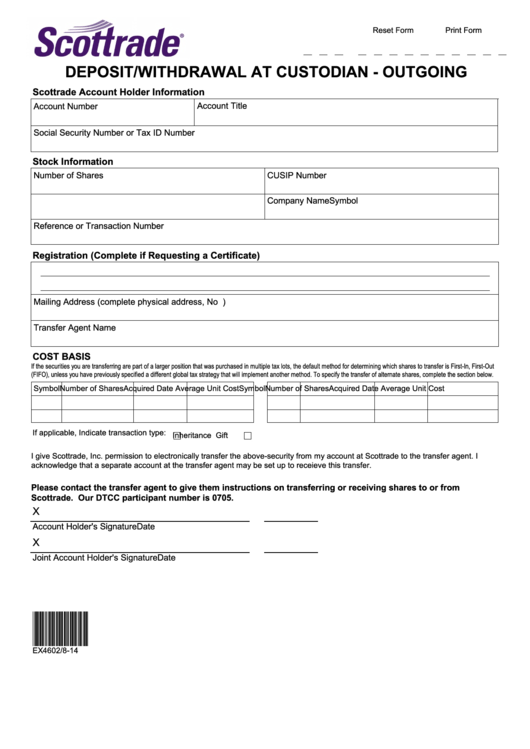 Fillable Deposit/withdrawal At Custodian - Outgoing Form Printable pdf