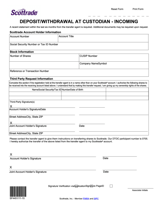 Fillable Deposit/withdrawal At Custodian- Incoming Form Printable pdf