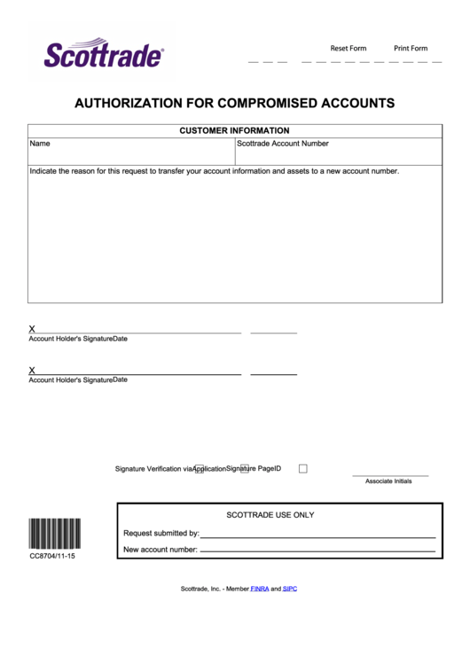 Fillable Authorization For Compromised Accounts Form Printable pdf