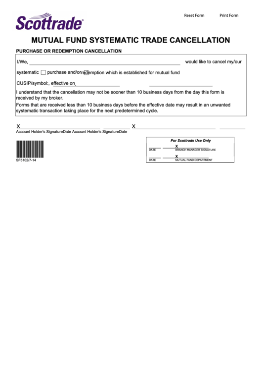 Fillable Mutual Fund Systematic Trade Cancellation Form Printable pdf