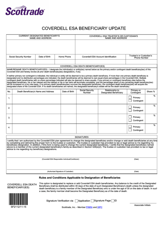 Fillable Coverdell Esa Beneficiary Update Form Printable pdf