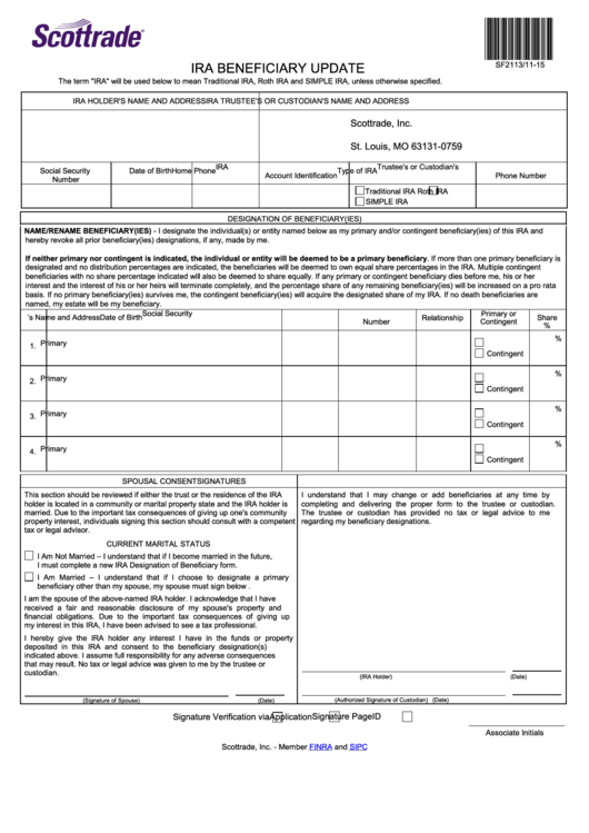Fillable Ira Beneficiary Update - Scottrade Printable pdf