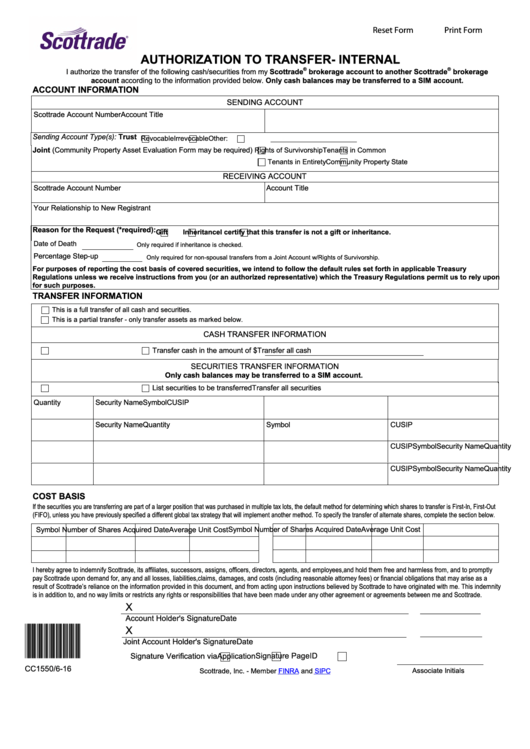 Fillable Authorization To Transfer - Internal Form Printable pdf
