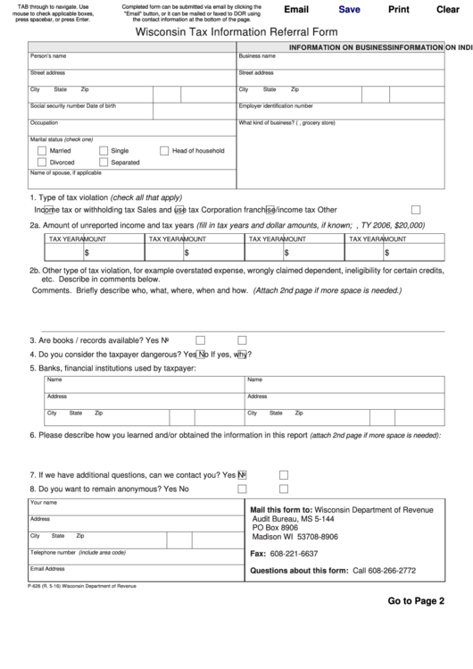 Fillable Form P-626 - Wisconsin Tax Information Referral Form Printable pdf