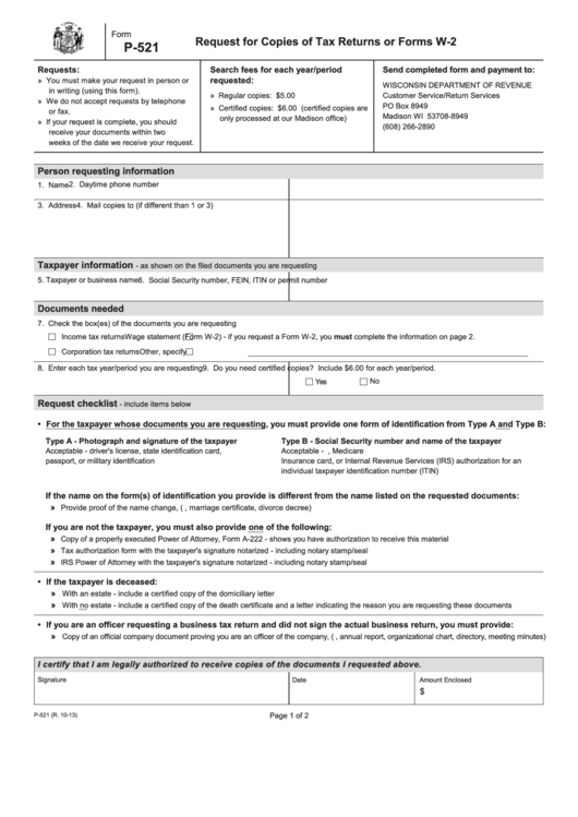 Form P-521 - Request For Copies Of Tax Returns Or Forms W-2 Printable pdf