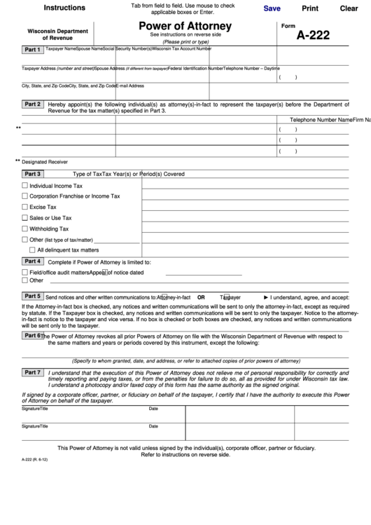 Fillable Form A-222 - Power Of Attorney Use Mouse Printable pdf