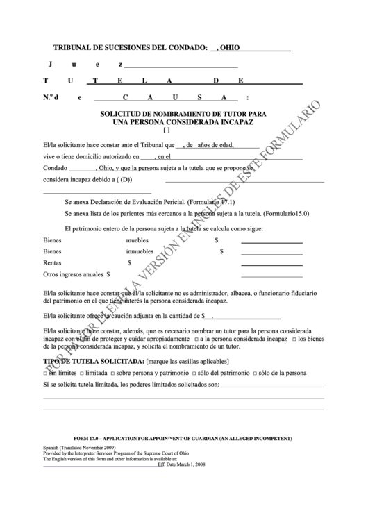 Ohio Probate Form: Application For The Guardianship Of A Minor - Spanish Printable pdf
