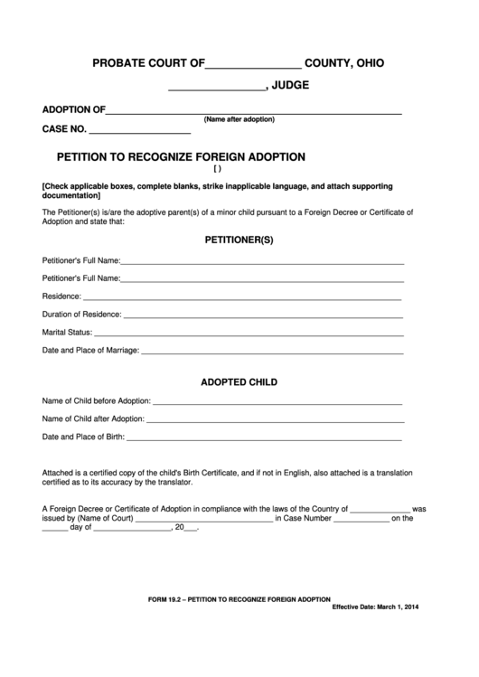 Fillable Ohio Probate Form - Petition To Recognize Foreign Adoption Printable pdf