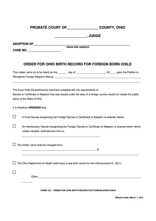 Fillable Ohio Probate Form - Order For Ohio Birth Record For Foreign Born Child Printable pdf