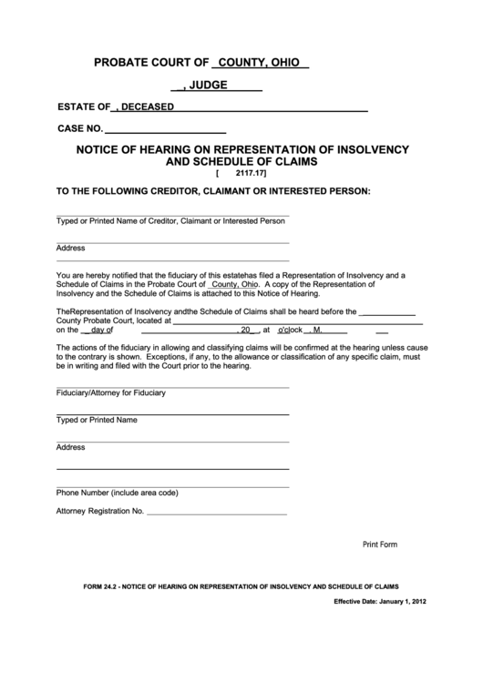 Fillable Ohio Probate Form - Notice Of Hearing On Representation Of Insolvency And Schedule Of Claims Printable pdf