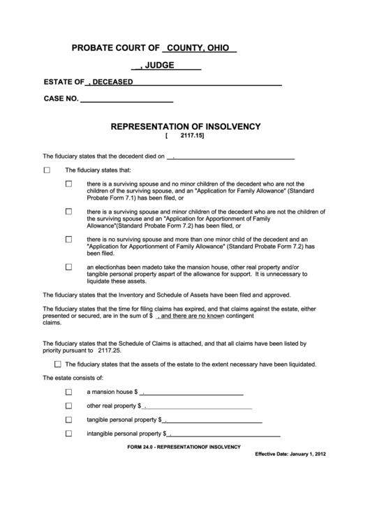 Fillable Ohio Probate Form - Representation Of Insolvency Printable pdf