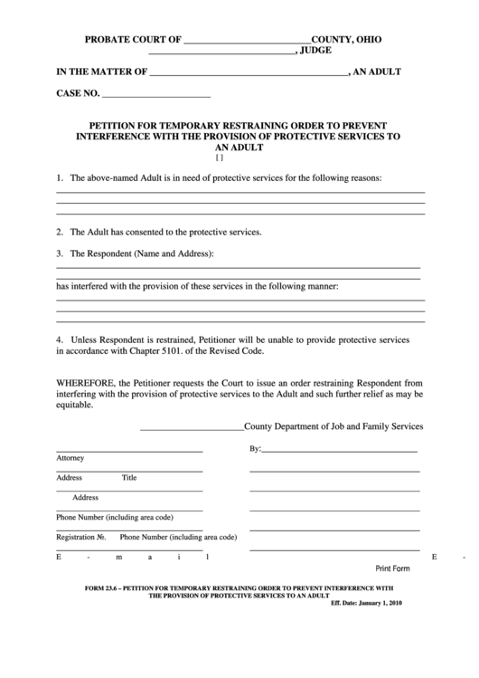Fillable Ohio Probate Form - Petition For Temporary Restraining Order To Prevent Interference With The Provision Of Protective Services To An Adult Printable pdf