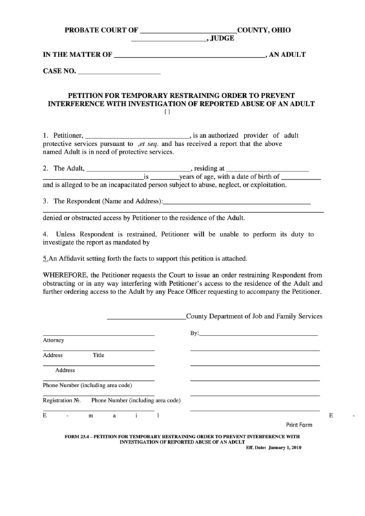 Fillable Ohio Probate Form - Petition For Temporary Restraining Order To Prevent Interference With Investigation Of Reported Abuse Of An Adult Printable pdf