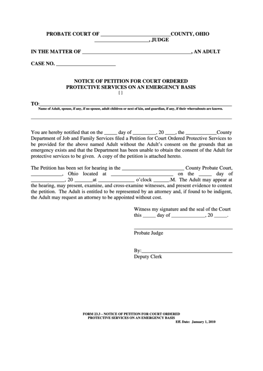 Fillable Ohio Probate Form - Notice Of Petition For Court Ordered Protective Services On An Emergency Basis Printable pdf