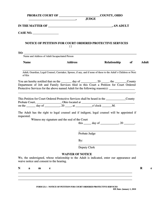 Fillable Ohio Probate Form - Notice Of Petition For Court Ordered Protective Services Printable pdf