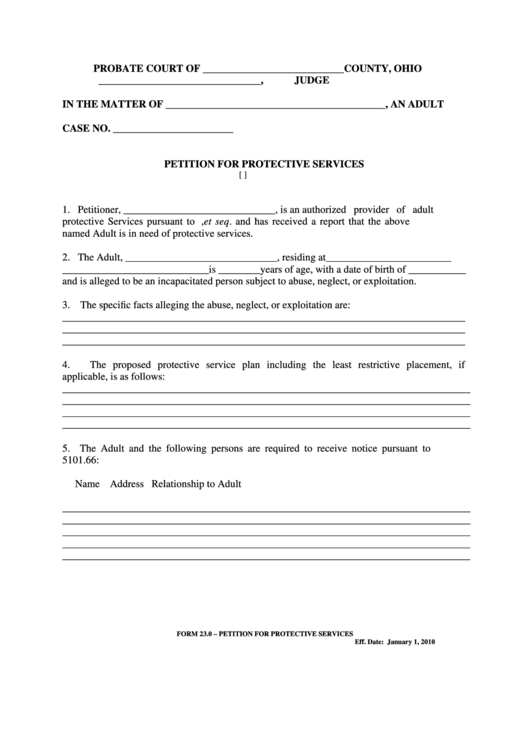 Fillable Ohio Probate Form - Petition For Protective Services Printable pdf