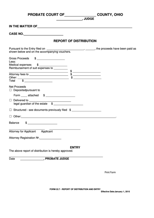 Fillable Ohio Probate Form - Report Of Distribution Printable pdf