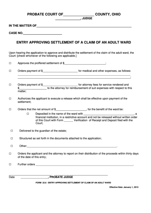 Fillable Ohio Probate Form - Entry Approving Settlement Of A Claim Of An Adult Ward Printable pdf