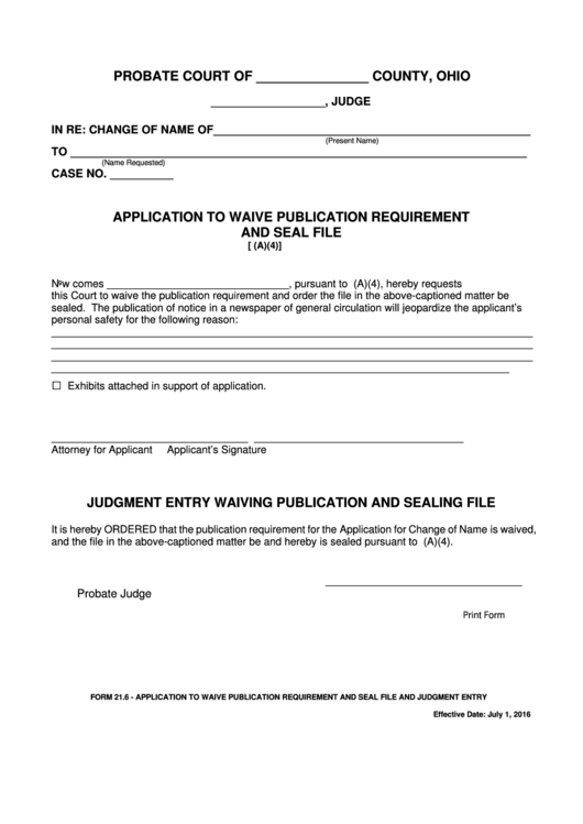 Fillable Ohio Probate Form Application To Waive Publication Requirement And Seal File 9388