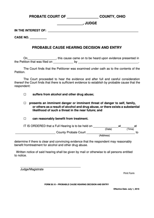 Fillable Ohio Probate Form - Probable Cause Hearing Decision And Entry Printable pdf
