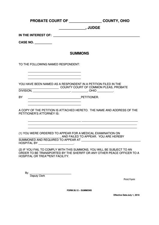 Fillable Ohio Probate Form - Summons Printable pdf