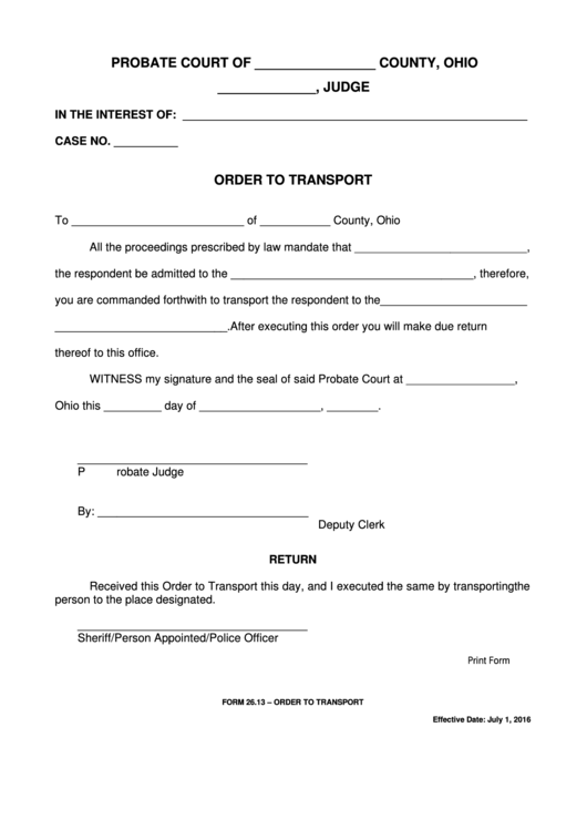 Fillable Ohio Probate Form - Order To Transport Printable pdf