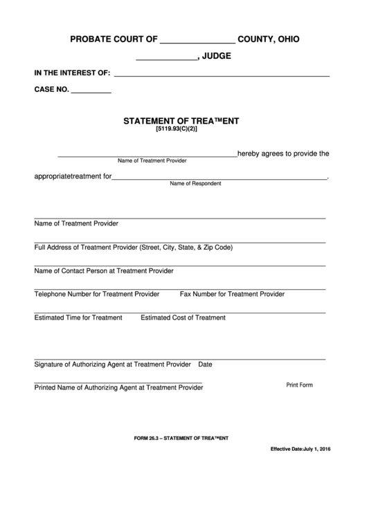 Fillable Ohio Probate Form - Statement Of Treatment Printable pdf