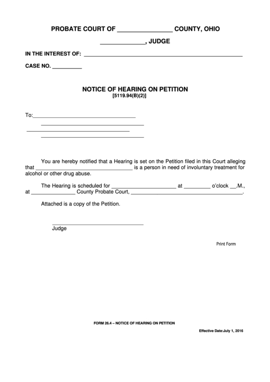 Fillable Ohio Probate Form - Notice Of Hearing On Petition Printable pdf