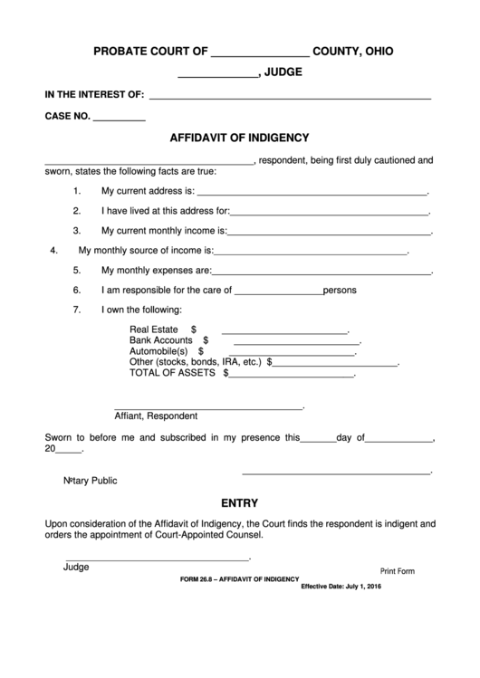 Fillable Ohio Probate Form - Affidavit Of Indigency Printable pdf