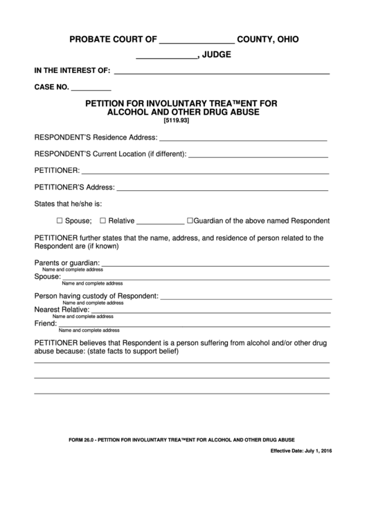 Fillable Form 26.0 - Petition For Involuntary Treatment For Alcohol And Other Drug Abuse Printable pdf