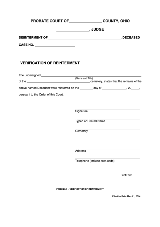 Fillable Ohio Probate Form - Verification Of Reinterment Printable pdf