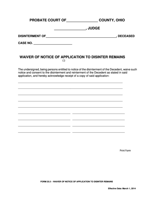 Fillable Ohio Probate Form - Waiver Of Notice Of Application To Disinter Remains Printable pdf