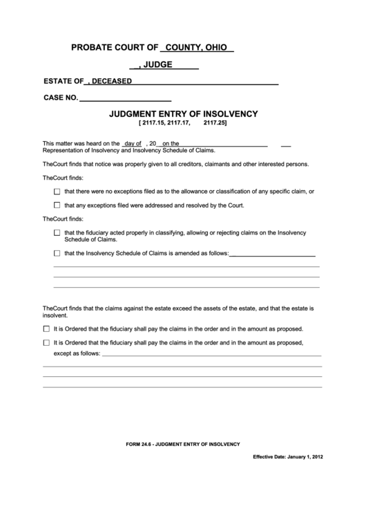 Fillable Ohio Probate Form Judgment Entry Of Insolvency printable pdf
