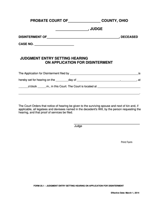 Fillable Ohio Probate Form - Judgment Entry Setting Hearing On Application For Disinterment Printable pdf