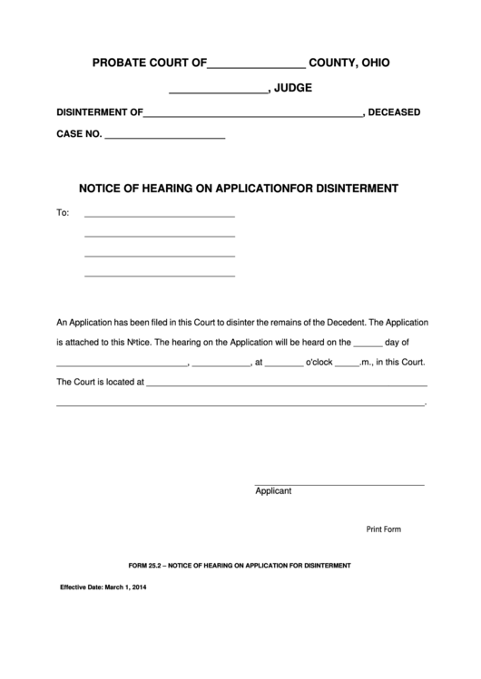 Fillable Ohio Probate Form - Notice Of Hearing On Application For Disinterment Printable pdf