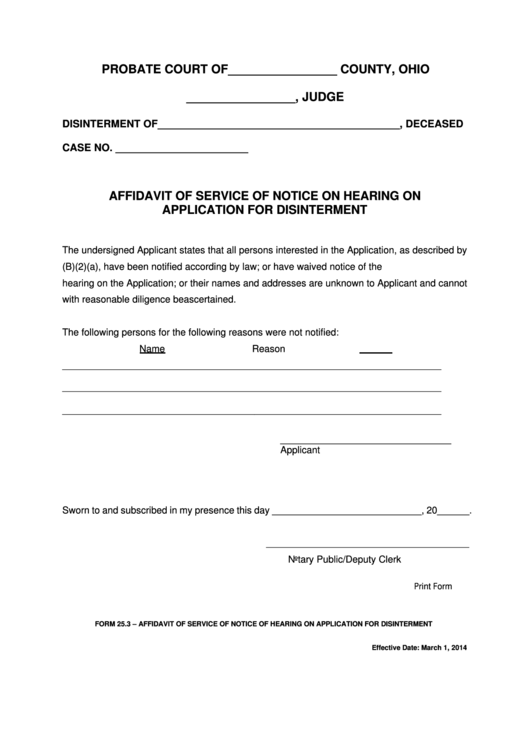 Fillable Ohio Probate Form - Affidavit Of Service Of Notice On Hearing On Application For Disinterment Printable pdf