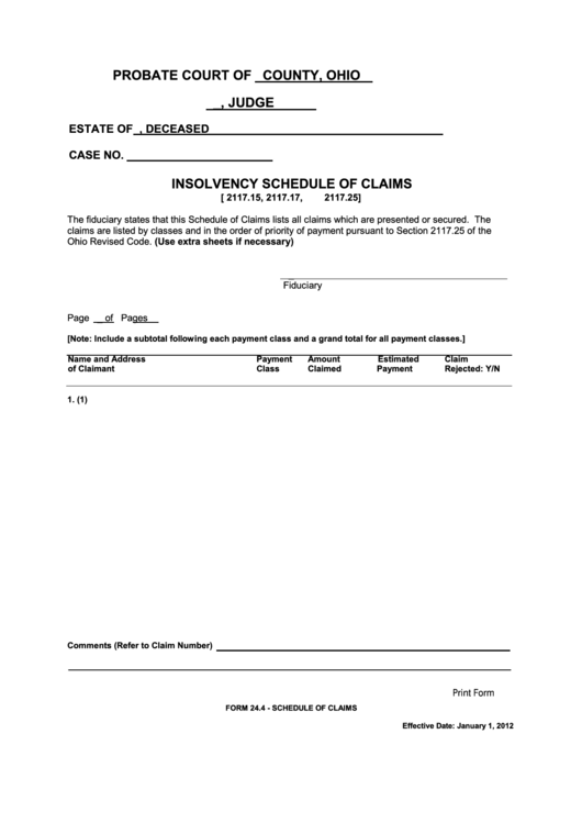 Fillable Ohio Probate Form - Insolvency Schedule Of Claims Printable pdf