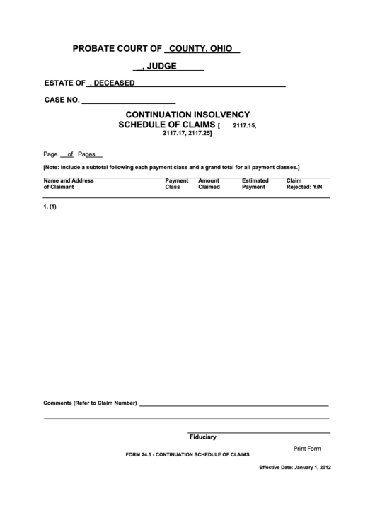 Fillable Ohio Probate Form - Continuation Insolvency Schedule Of Claims Printable pdf
