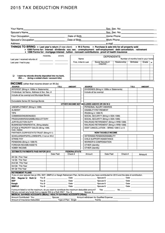 Fillable 2015 Tax Deduction Finder Template Printable pdf