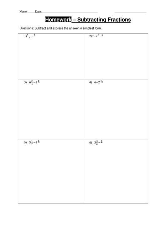 Subtracting Fractions Worksheet Printable pdf