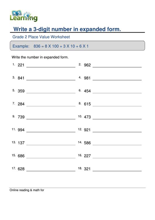 Place Value Worksheet printable pdf download