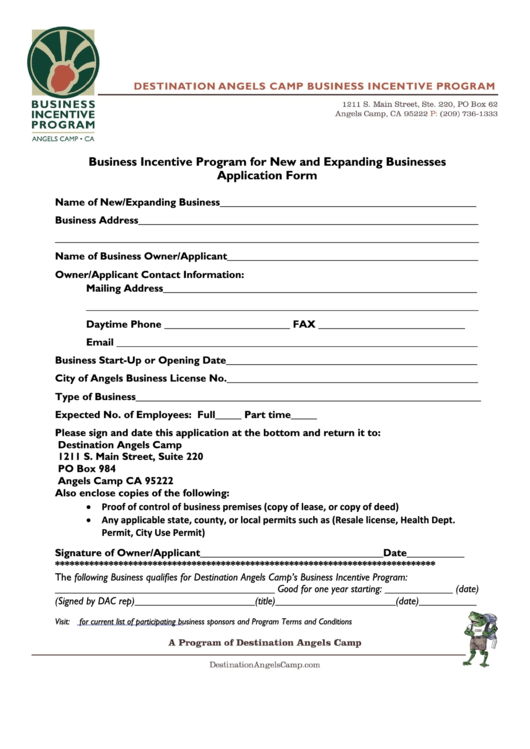 Application Form - Destination Angels Camp Printable pdf
